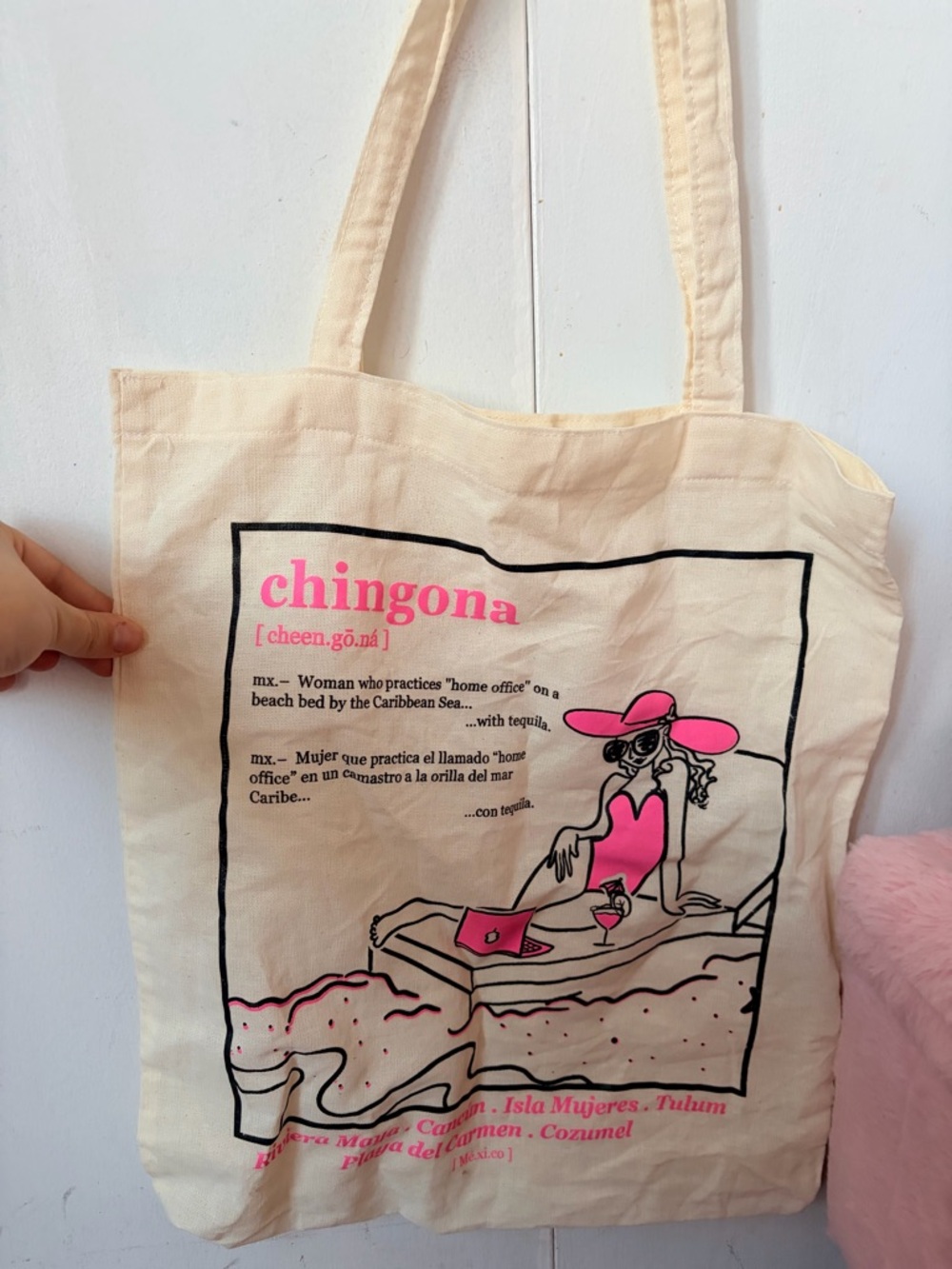 Cream Canvas Tote Bag with Pink